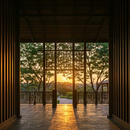 夕阳透过木结构庭院，照亮本地接待场地